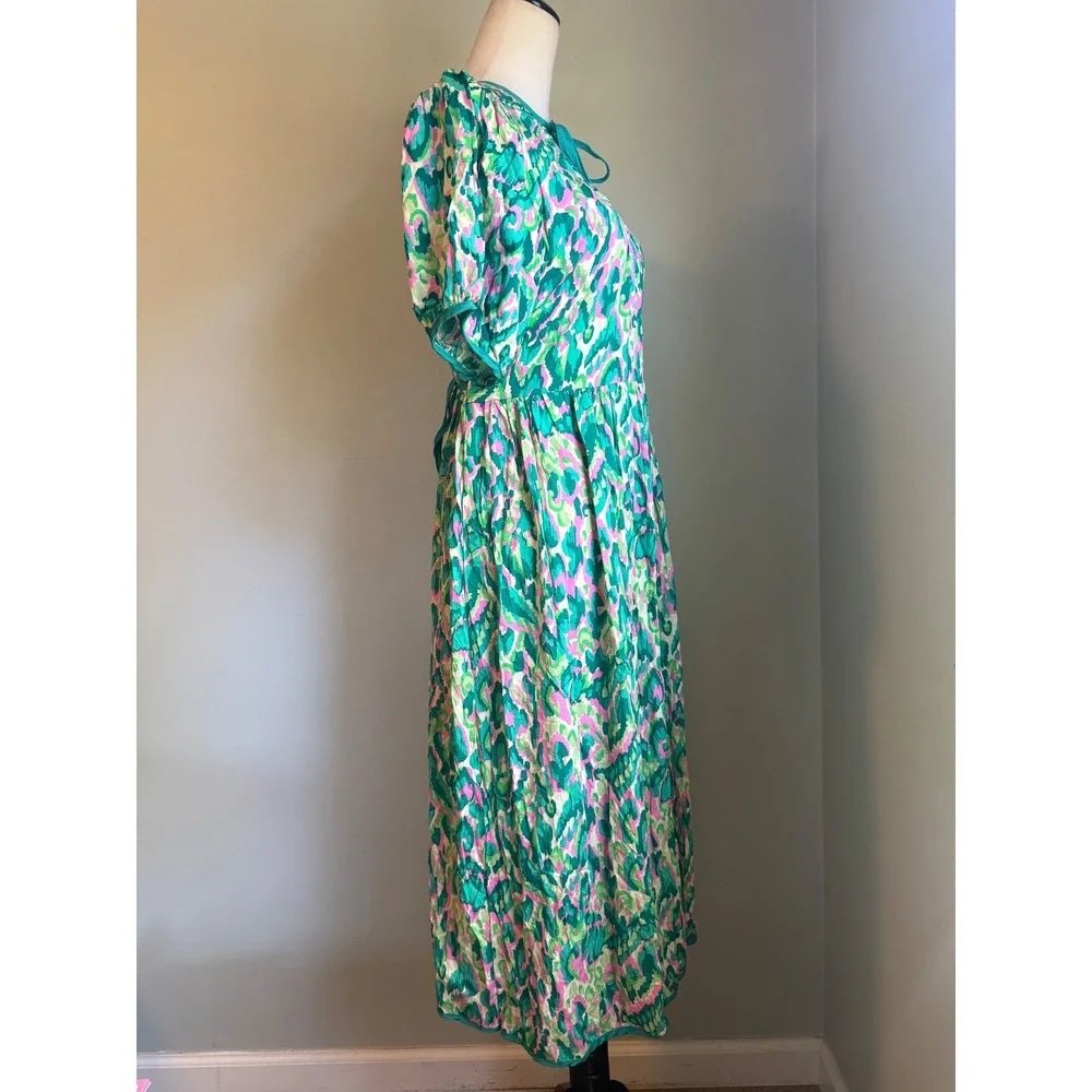 Green Pink Midi Dress Keyhole boho cottage whimsi fairy Y2K  Puff Sleeve Rayon L - Picture 4 of 7